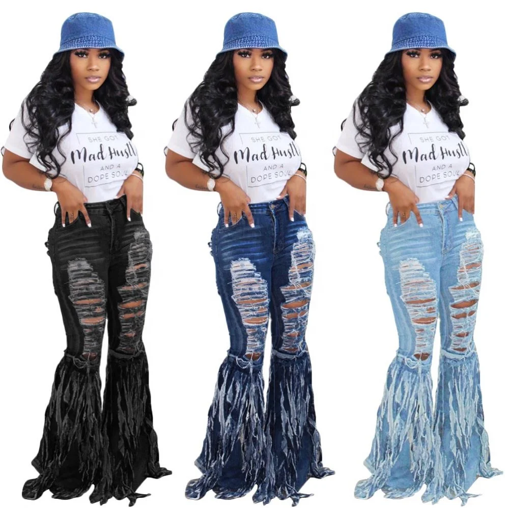 

Women's fashion versatile jeans with flowered holes and big tassel jeans casual denim trousers, Light blue/dark blue/dark