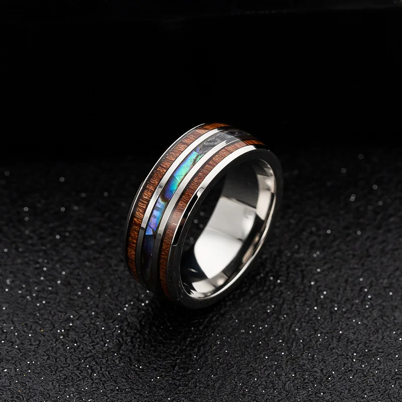 

High quality Jewelry 8mm Mens Wedding Bands Inlay Hawaiian Koa Wood rings And Abalone Shell Titanium steel Rings