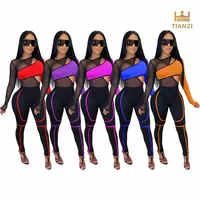 

LE3168 - women modern bandage pants and mesh bodysuit two piece outfits