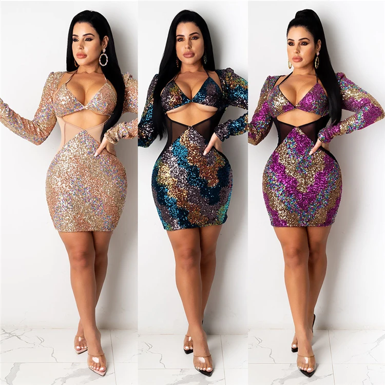 

D96036 Hot dresses for woman temperament printed sequined women dresses sexy long sleeved dress