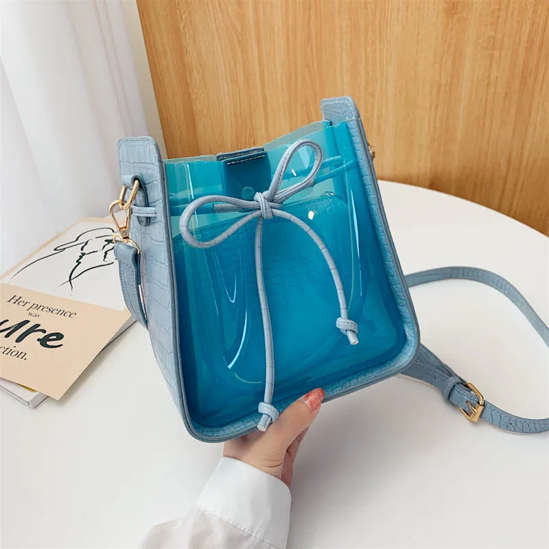 

2021 New Fashion bags Clear Transparent PVC Fashion Jelly Tote Candy Handbag For Girls Cute Chic 2 Pcs Handbag, Accept custom made
