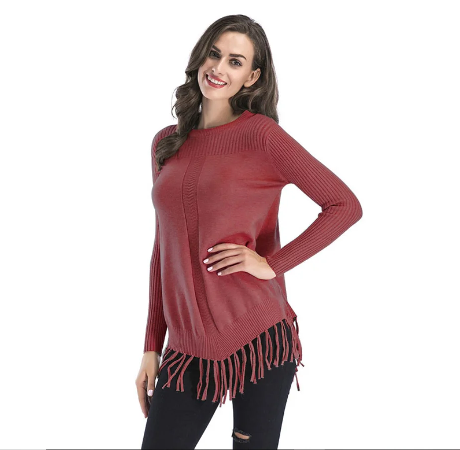 

wholesale Women's Casual Crew Neck Tassels Solid Sweater