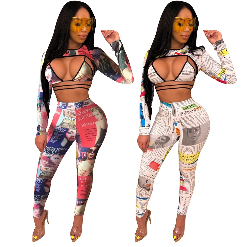 

Summer Women Hollow printed strappy bikini long pants and Long sleeve short top 3 piece set clothing Casual 3 piece pants set
