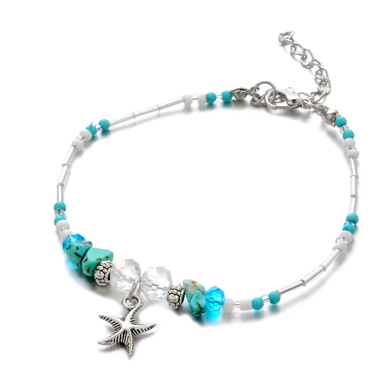 

Bohemian Fashion Trendy Handmade Alloy Crystal Turquoise Beads Starfish Beach Anklet for Women Hot Selling