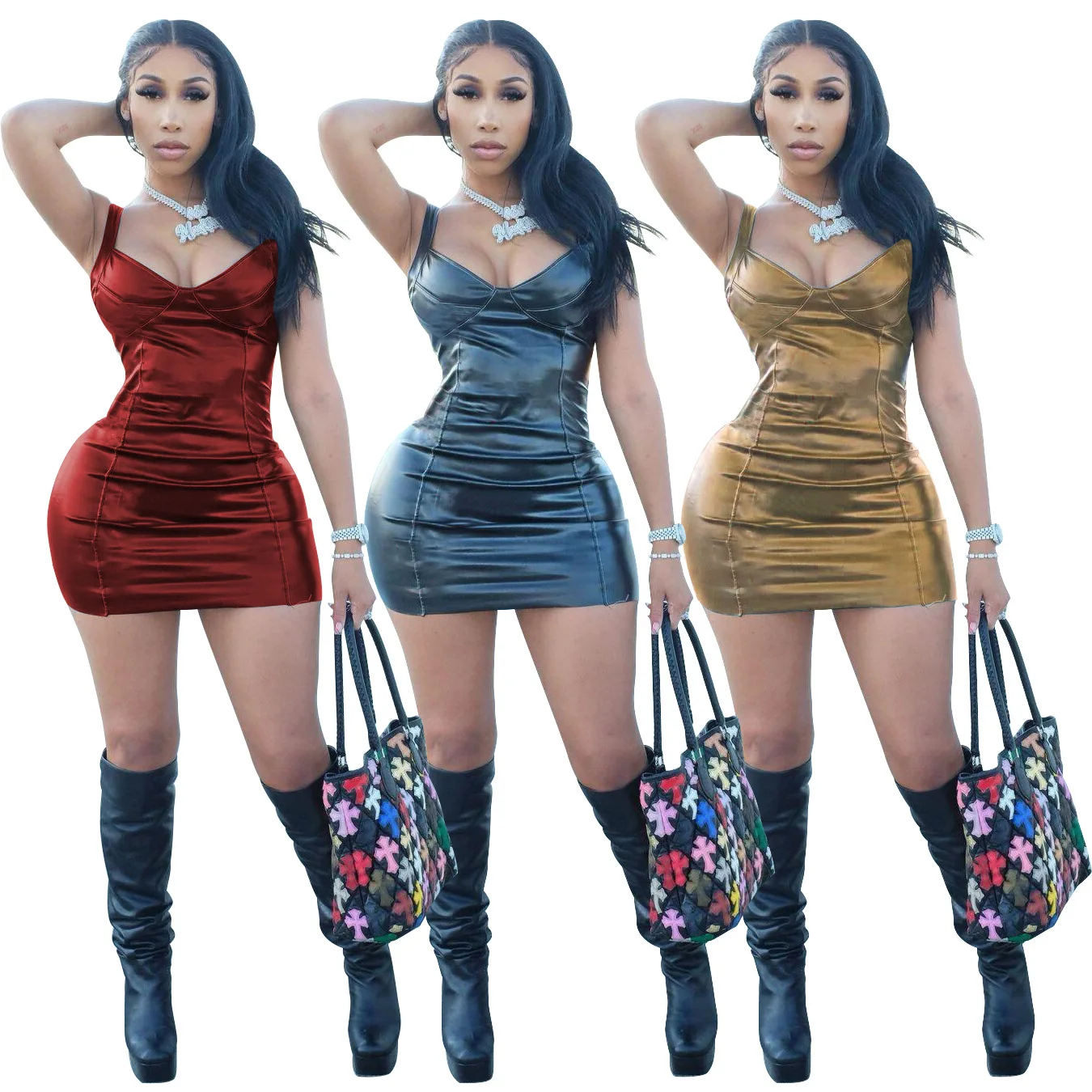 

Hot Sale 2021 Woman Clothing Spaghetti Strap Bodycon Dresses Zipper Solid Pu Leather Dress One Piece, Picture