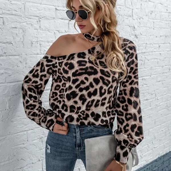 

Ladies Women Leopard Asymmetrical Neck Shirts Blouses Tops