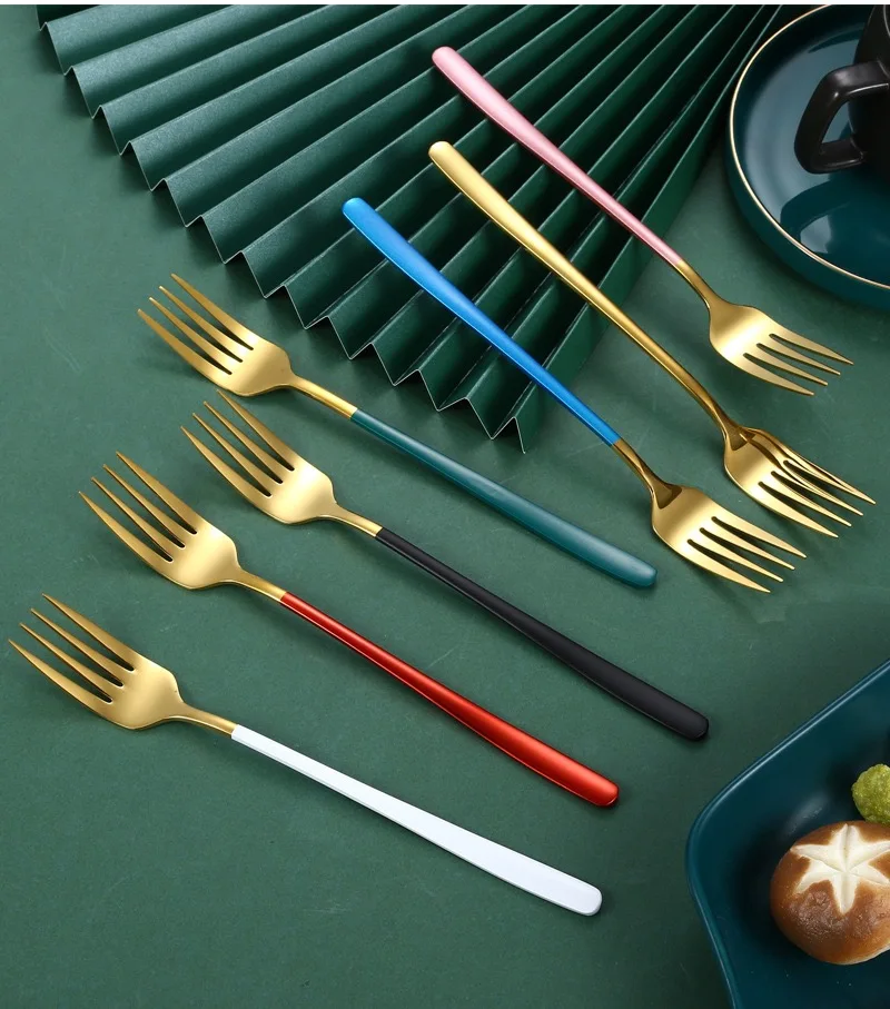 

Wholesale Metal Stainless Steel Cutlery Set Salad Forks Colorful Flatware Sets Silver Gold Long Handle Dessert Fork Custom Logo