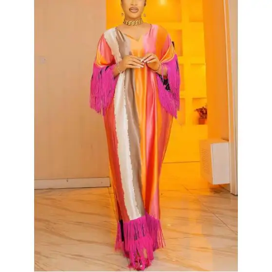 

Luxury Long Shiny Patchwork V-Neck Plus Size Tassels Lady Casual Dress