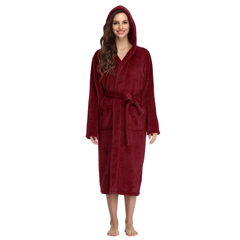 Wholesale Flannel Bathrobes Thickened Solid Color Nightgown Big Pocket Home Textile Winter Dressing for Autumn Season ODM Supply
