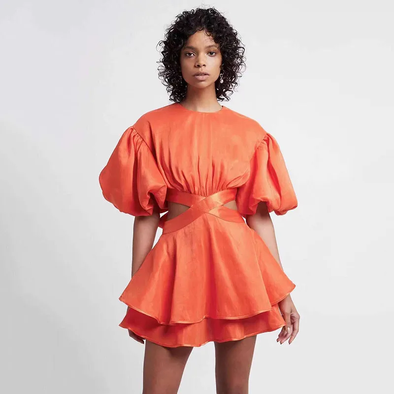 

A4579 New Design Orange Puff Sleeve Cutout Woman Summer Fashion Short Dresses