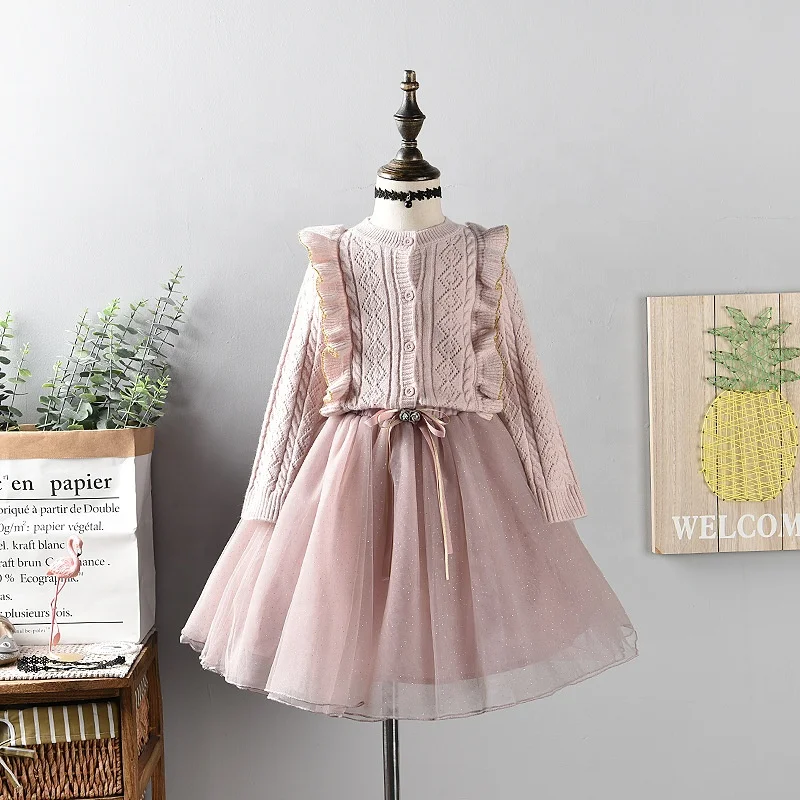 

B60310A Autumn 2019 new children's wear two-piece western girl's gold silk and wooden ear edge sweater, Pink blue