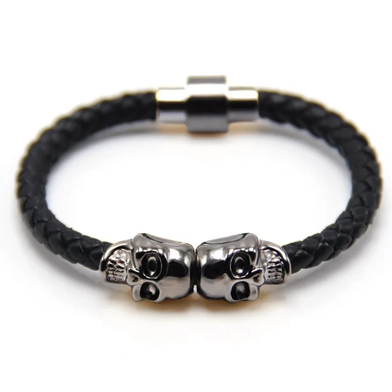 

Newest European Punk Braided Leather Wrist Cuff Bangle Men's Stainless Steel skeleton skull Buckle Magnetic Clasp Bracelet