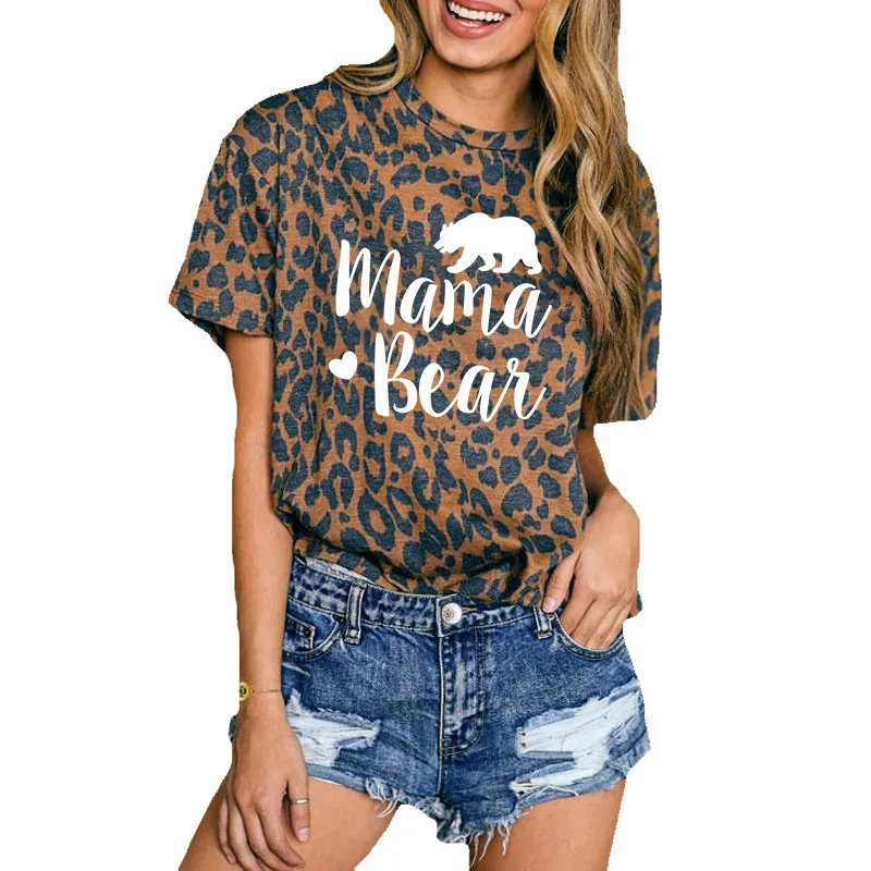 

2020 leopard print blouse personalized mama bear letter rhinoceros pattern round neck short sleeve t-shirt