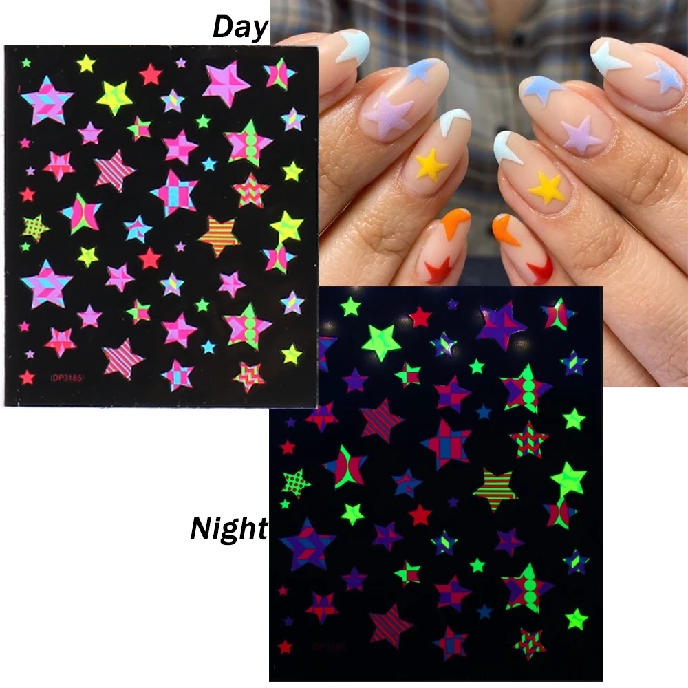 

1 Pc Luminous Nail Stickers Star Moon Rose Nail Art Design Gel Polish Decor Glow In The Dark 3D Sliders For Manicure