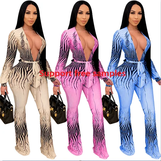 

Wholesale womens summer jumpsuit 2021 new printing jumpsuits for women sexy v neck backless womens one piece jumpsuit