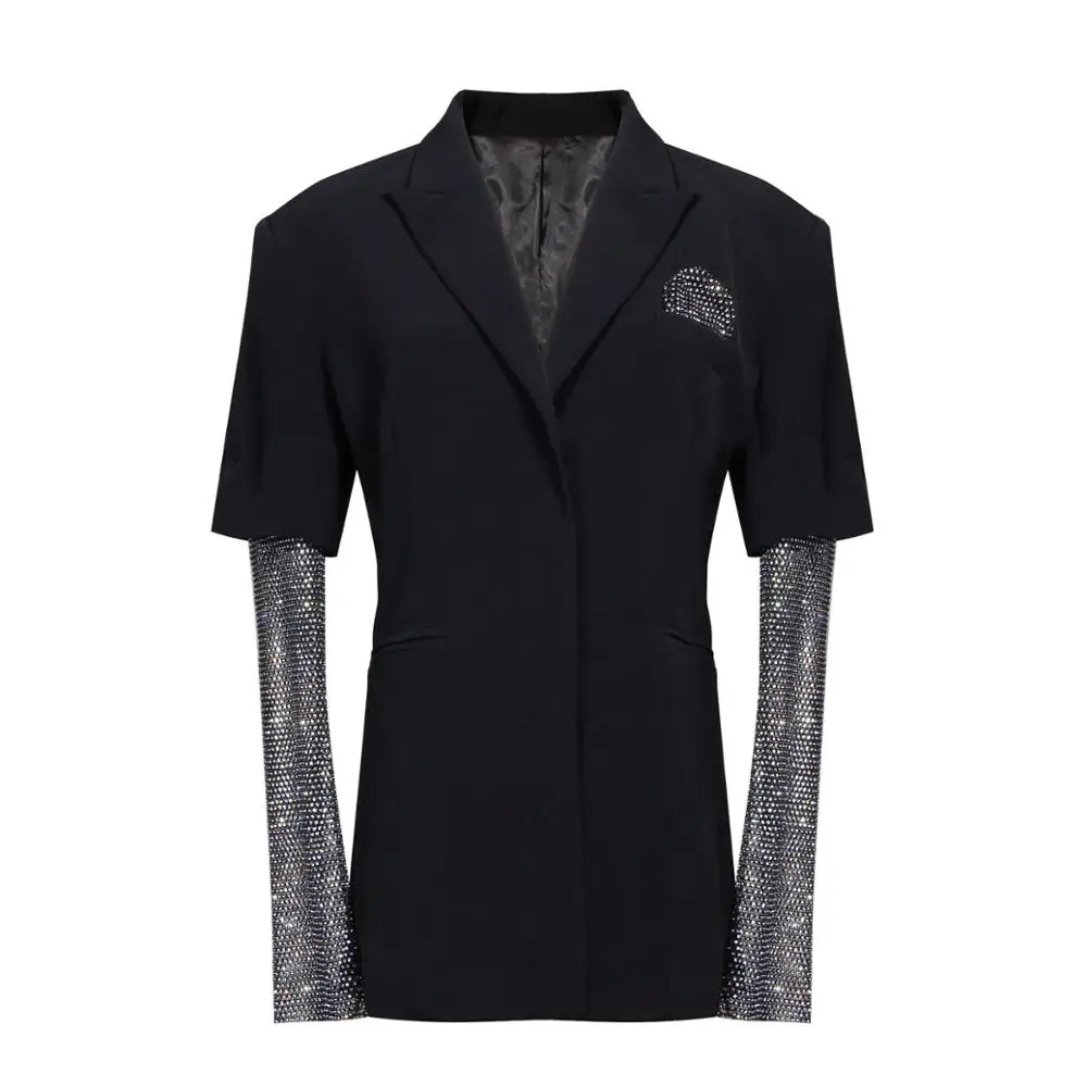 

2020 new arrival stylish suit collar jacket women shiny Rhinestone personality stitching mesh long sleeve patchwork woman suit