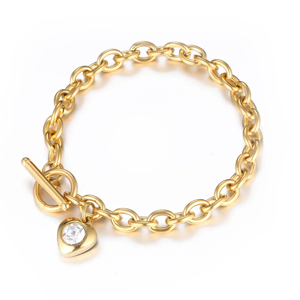 

2021 Hot Selling Real Gold Plating 316L Stainless Steel OT Clasp Lock Bracelet Diamond Heart Pendant Bracelet