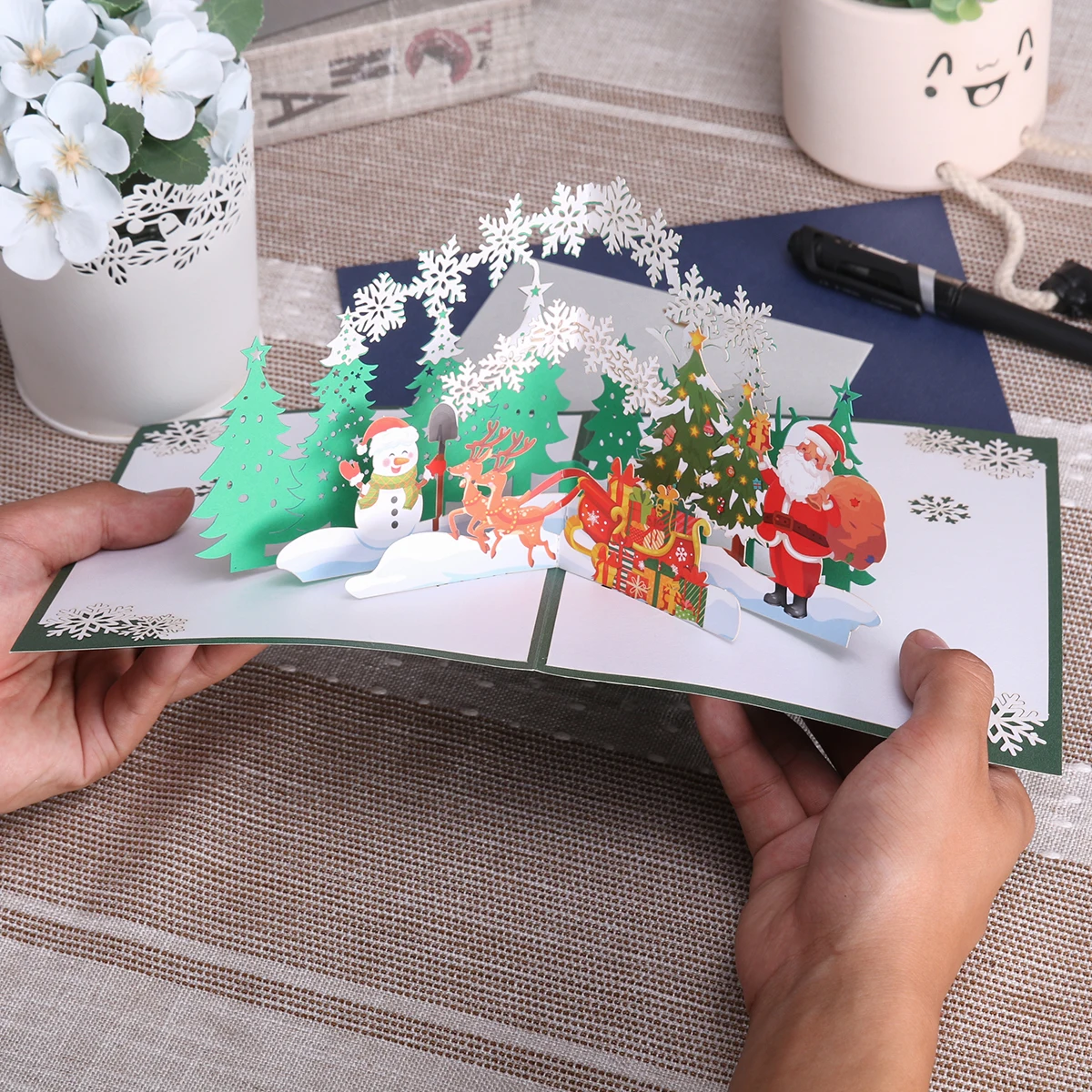 

Santa in Forest Christmas Card Pop Up Greeting Cards 3D Xmas Gift for Winter Holiday New Year