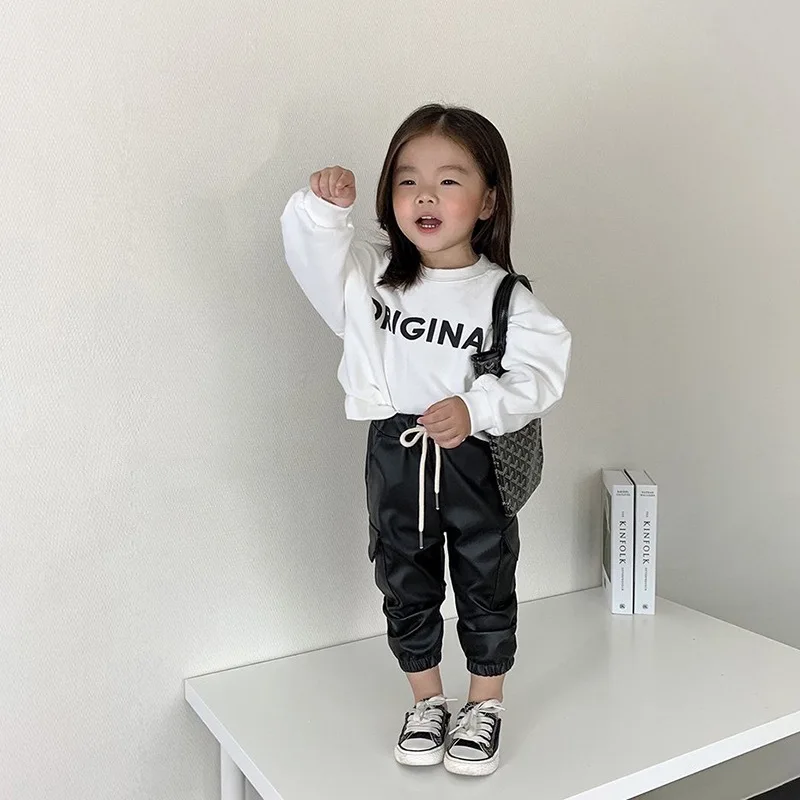 

2019 New Autumn Child Girl Black Lace Up Pu Leather Pants for 2-6t, As photos