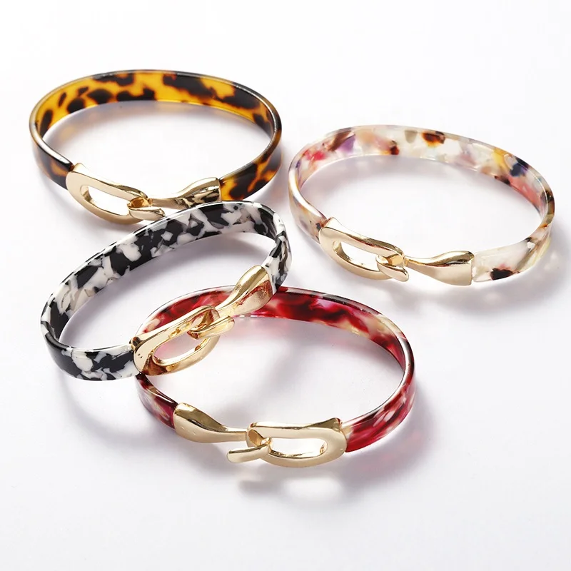 

Multi color acetate acrylic bangle metal clasp buckle custom tortoise chunky resin bracelet