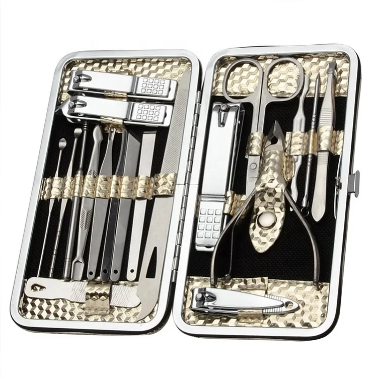 

Luxury Gold Case 19 piece Manicure Set Stainless Steel Nail Clipper Set Manicure Pedicure Cuticle Grooming Nail Tool Kit