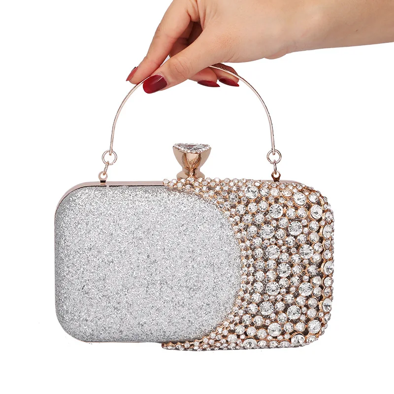 

New fashion half round handle rhinestone women evening bags ladies handbag diamond clutch with chain, 3colors