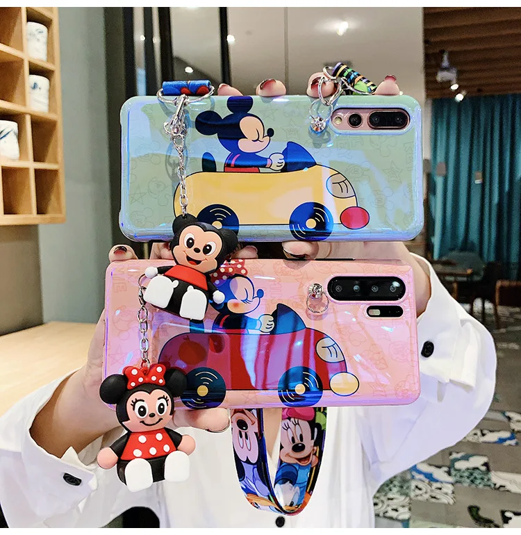 

For iPhone 11 Pro Max X Xs 7 8 Bling Sparkly 3D Doll Mickey Minnie Mouse holder Strap Case, Colorful