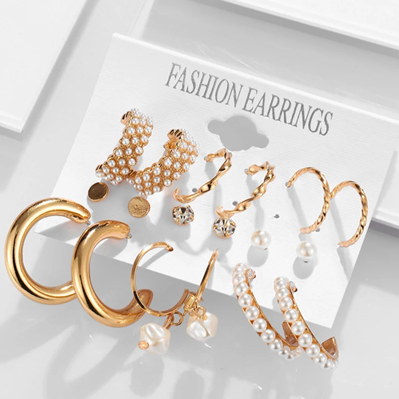 

2021 Fashion Trend Jewelry Gift Oversize Geometric Gold Twist Butterfly Circle Pearl Hoop Earrings Set Women