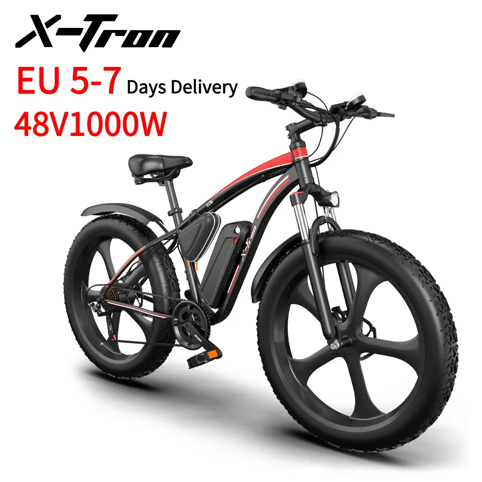 X-Tron E26 Electric Bicycle Aluminum Alloy Frame 1000W Motor 48V 13AH Battery Ebike 26 Inch Fat Tire Snow Mountain Electric Bike, Black red