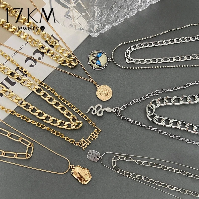 

17KM Punk Multilayer Butterfly Coin Pendant Necklace For Women Gold Silver Thick Chain Necklaces 2021 Trend Jewelry