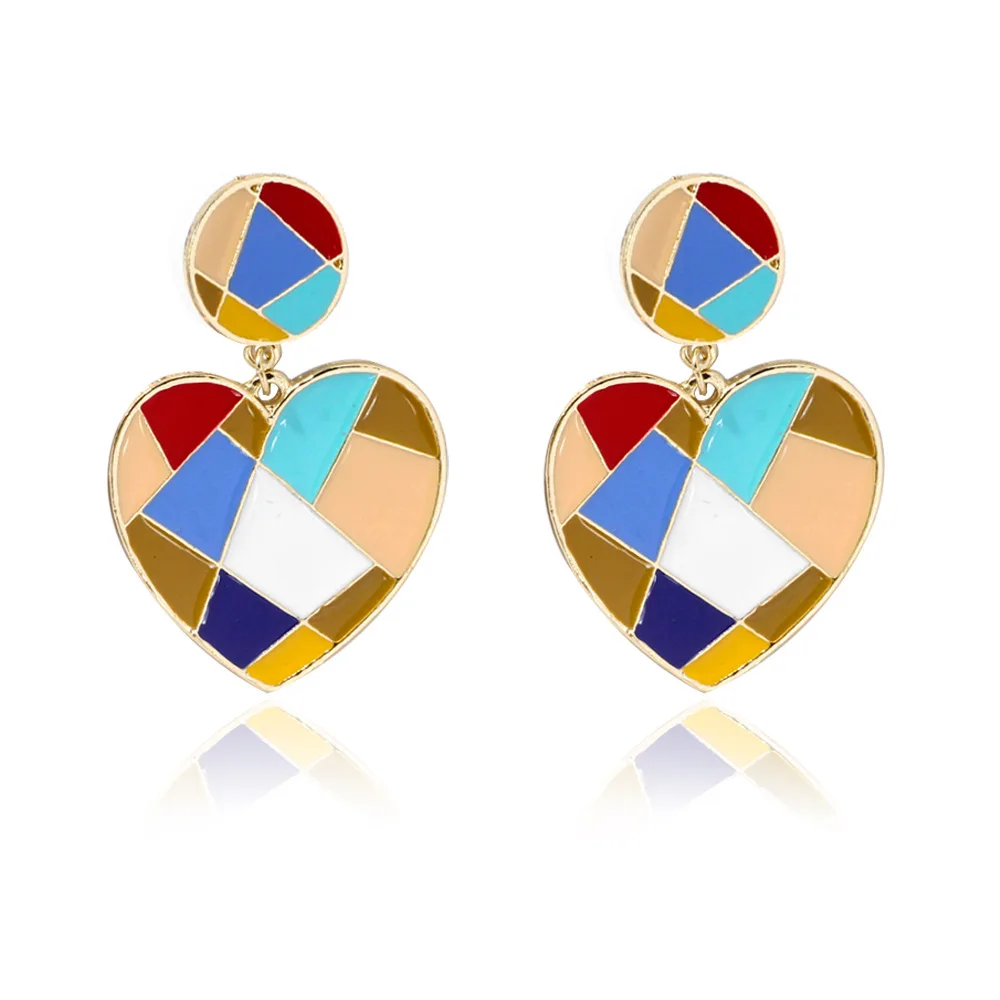 

JUHU Popular accessories multi color oil painting geometric heart drop earring stud earring set more than one card for women, Colorful