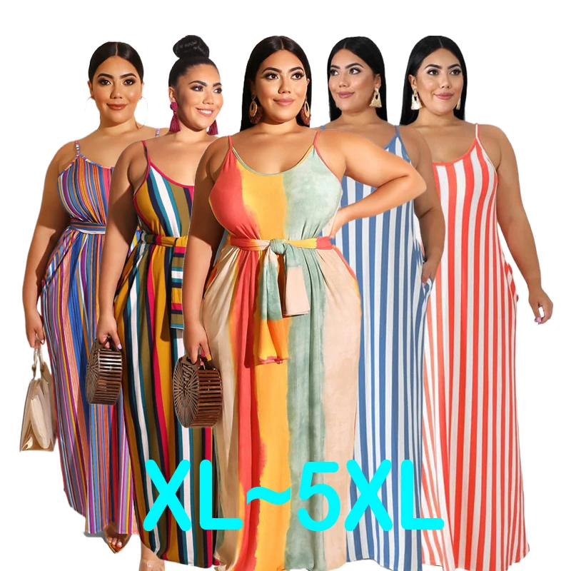 

Plus Size Loose Stripes Print Women Long Dress 2021 Summer Long Sleeve Maxi Dress Casual Female Strap Dress Vestidos