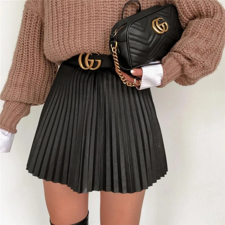 

Sexy Fashion Women Solid Color Zipper Creasing A-line Mini Black Pleated Skirt