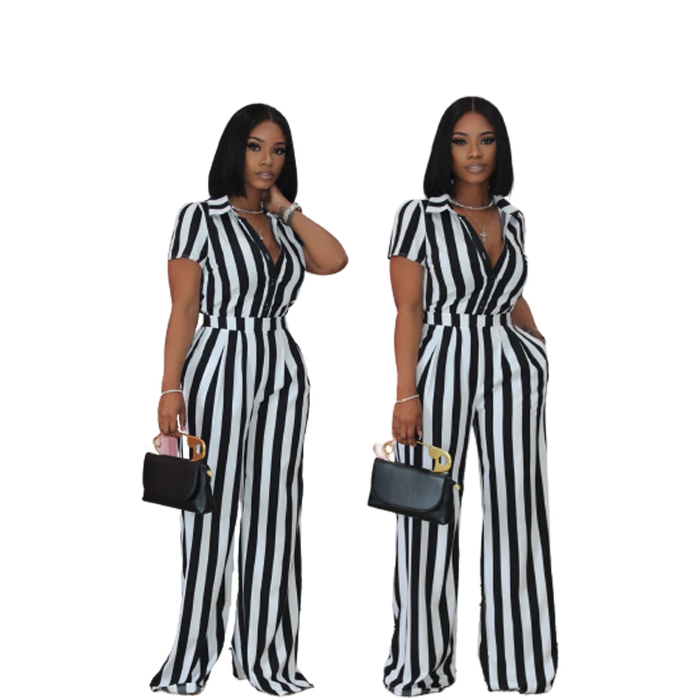 

Wholesale Women Casual Loose Striped Short Blouse Wide Leg 2 Pc Set Two Piece Pants Set Women Clothing