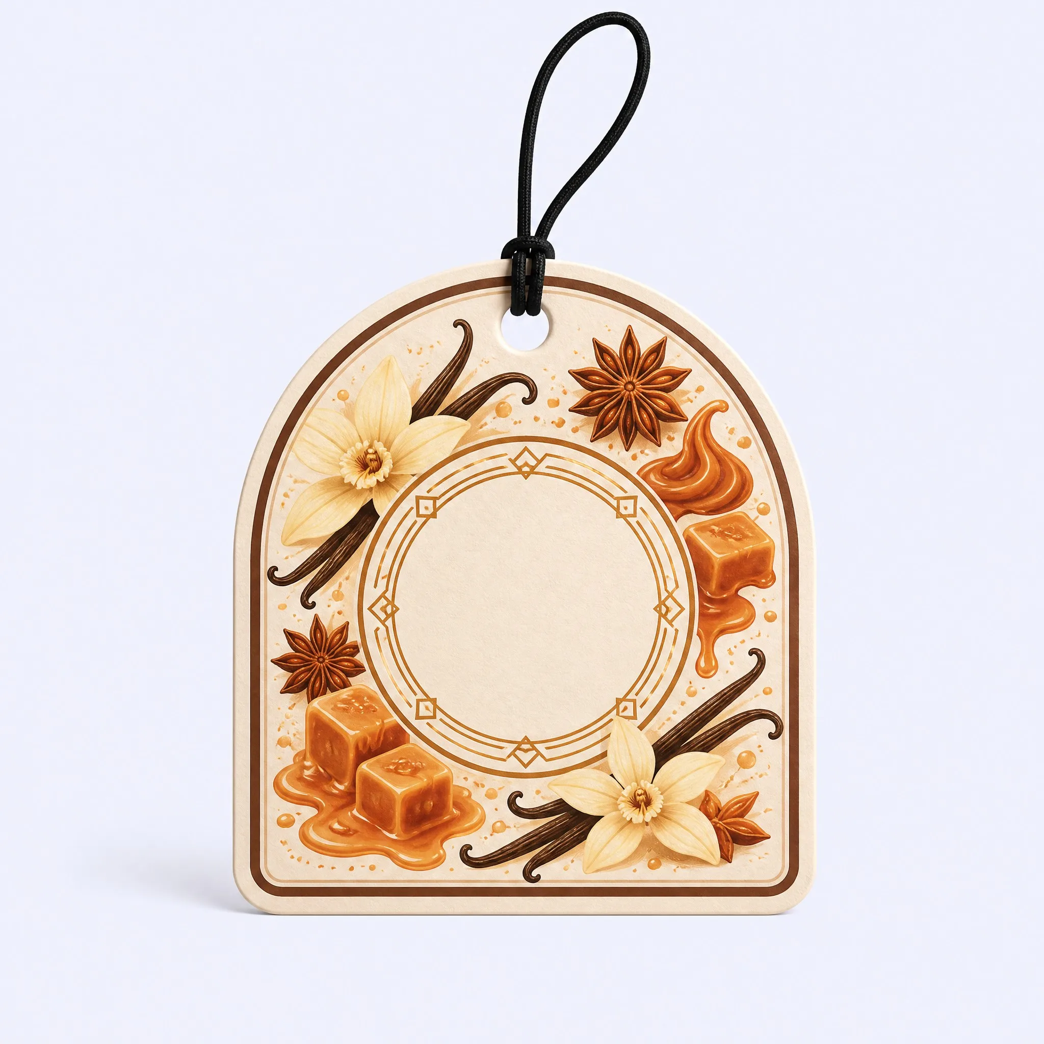 Custom Vanilla Orchid and Salted Caramel Car Air Freshener Front View with Arched Silhouette