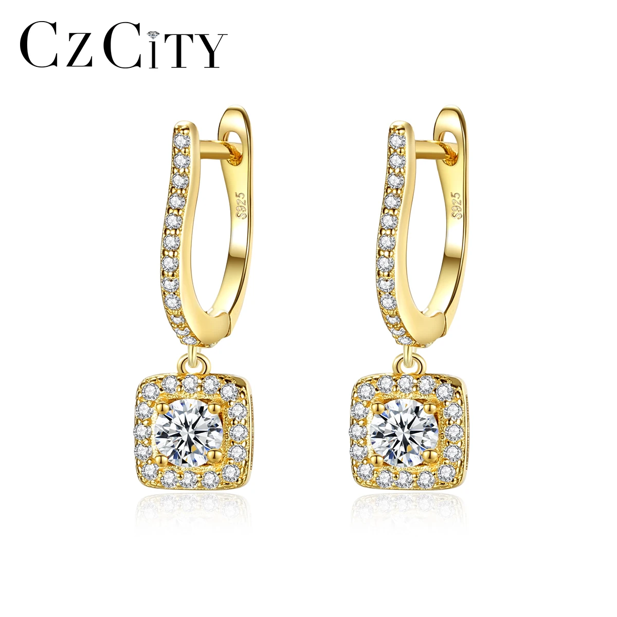 

CZCITY Sterling Square Silver Drop Gold Plated Earrings Zircon Color Cubic Women Fashion