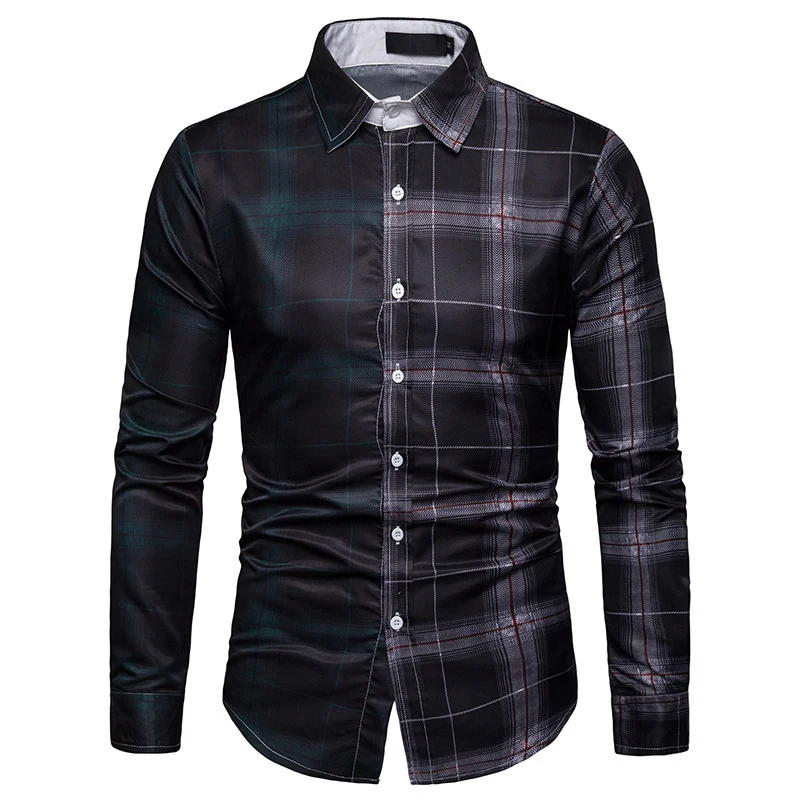 

mens shirt assymetry contrast check shirt long sleeved shart