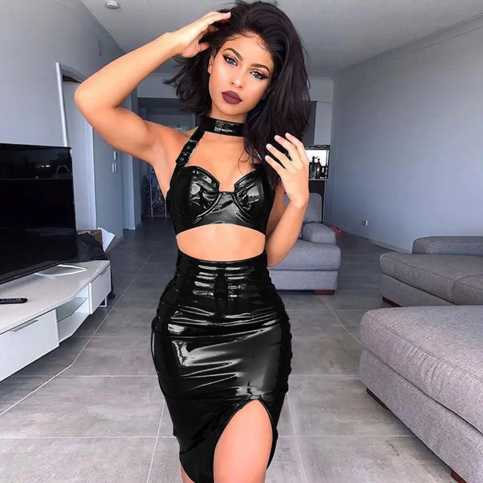 

Sexy lady photo in pu leather 2 pcs bandage dress, Color