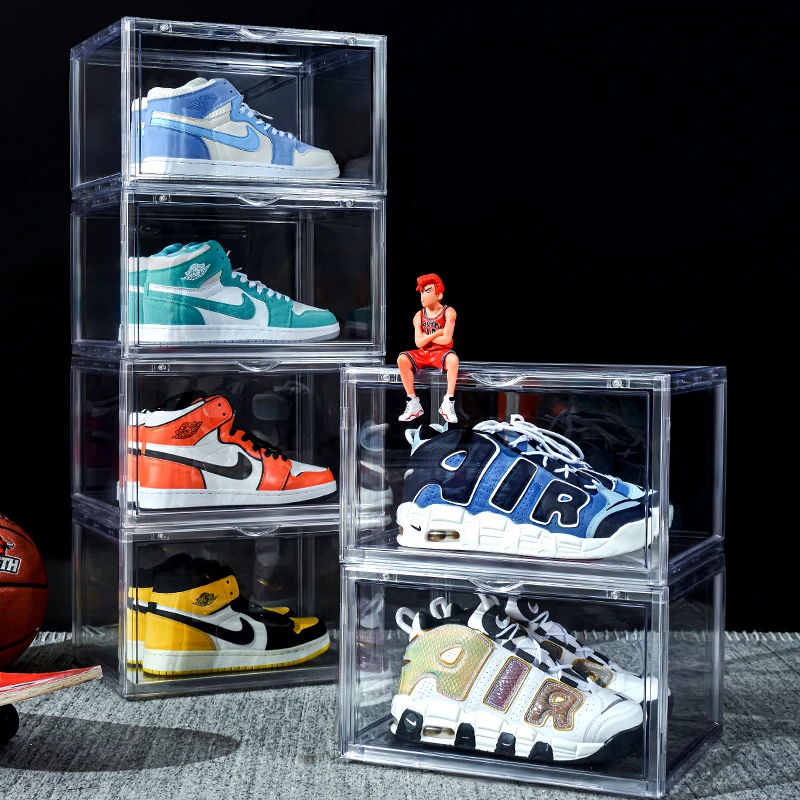 

Wholesale acrylic transparent rectangular sneaker storage box transparent plastic custom stackable magnetic shoe box