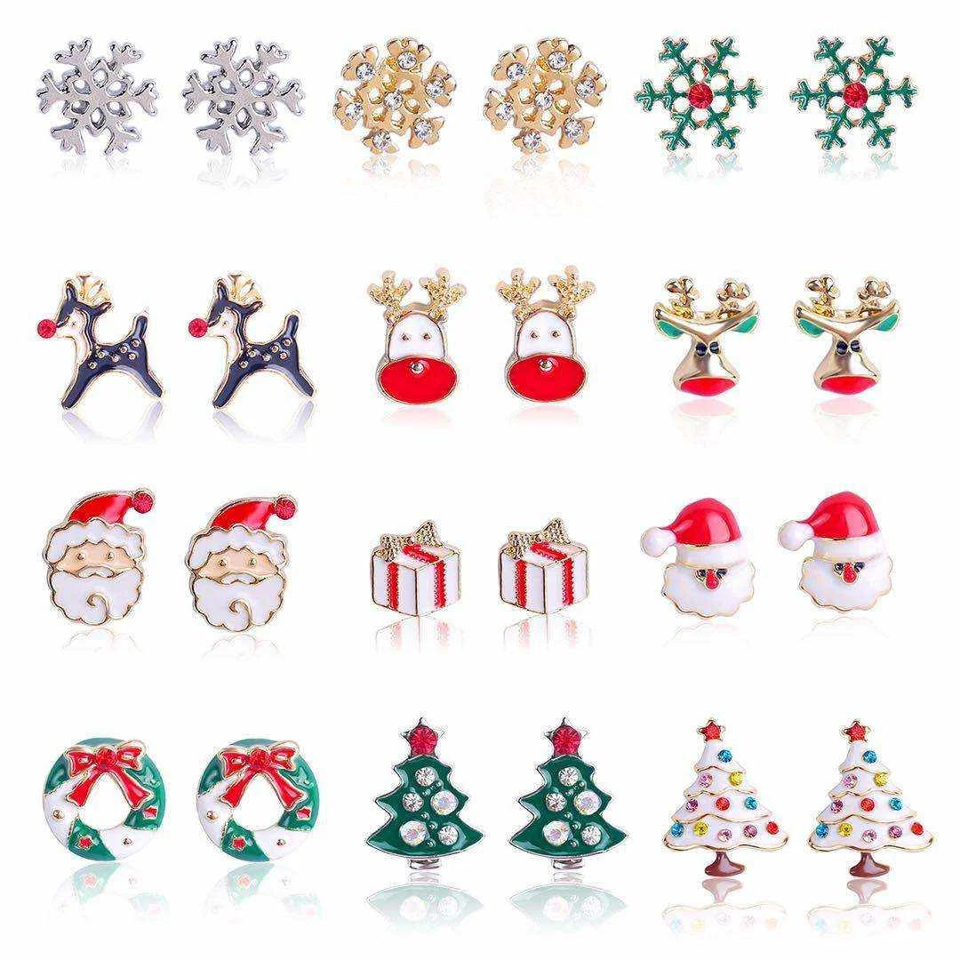 

Hot Christmas Mixed Designs Snowflake Elk Crystal Hypoallergenic Stud Earrings for Women Jewelry, Gold and silver