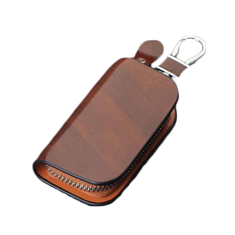 

Creative Wood Grain Vintage Fashion Keychains Men Women Accessories Mini Protective Shell Genuine Leather Car Key Case, Black/brown