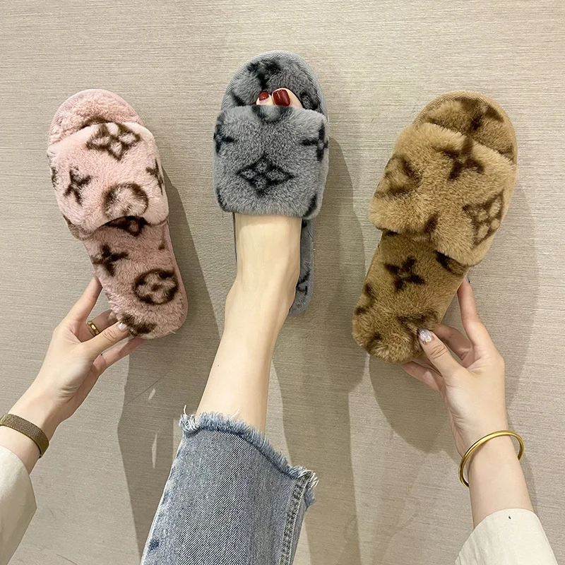 

Faux Sandals Bedroom Furry Wholesale Slipper Slide Rabbit Womens Brown Winter Luxury Red Real Fur Slides Slippers, As picture