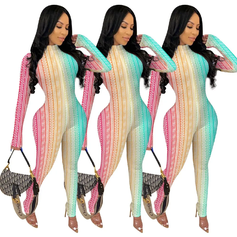 

PDEP popular sport gym rainbow print sport casual jumpsuit women clothing