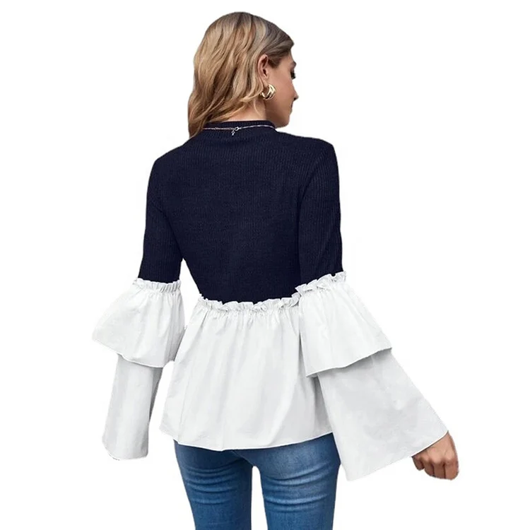 

2022 round collar color matching of lotus leaf sleeve leisure shirt luxury high quality sports women t-shirt