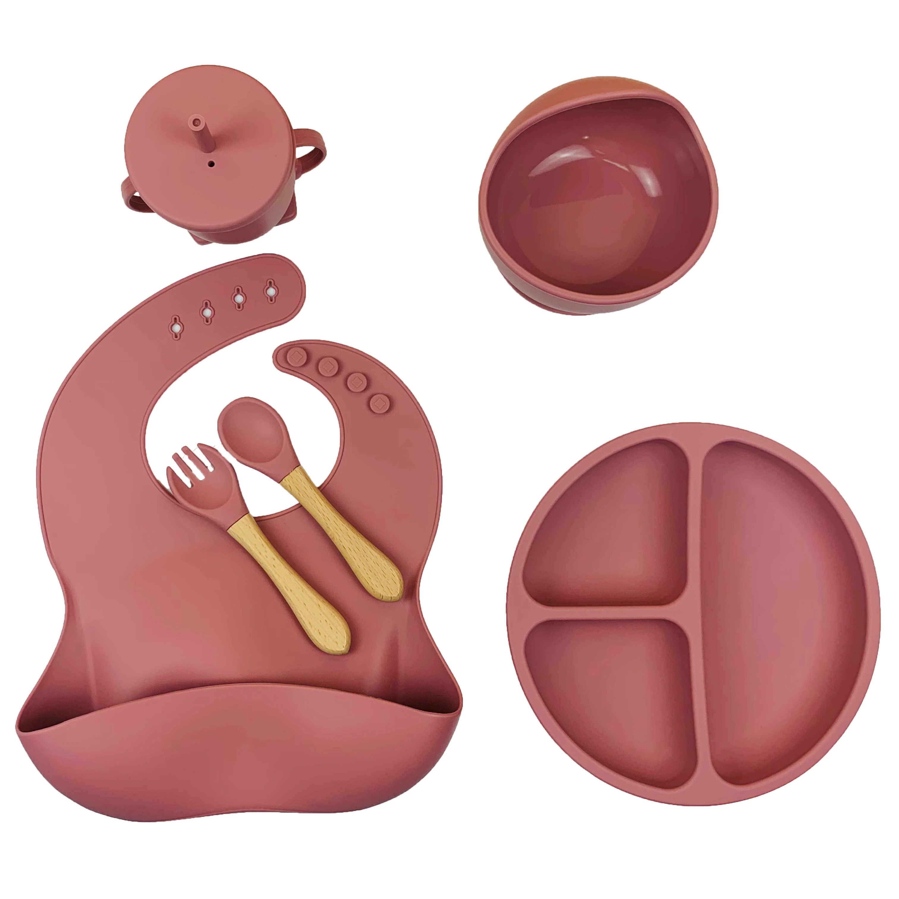 

2021 Christmas Hot Sale Silicone Tableware Baby Silicone Bowl Baby Bib Dinner Plate Bowl Fork Spoon Water Cup Baby tableware Set, Multi colors