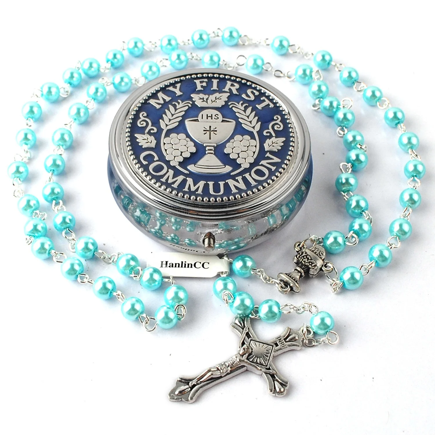 

Light Blue Glass Pearl Beads First Communion Rosary with Metal Box for Boy