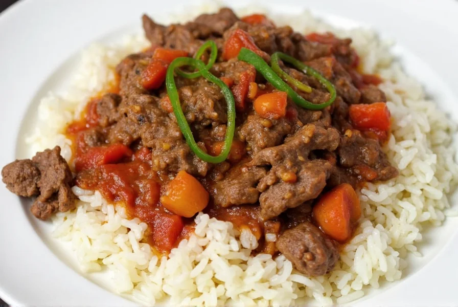 Pepper steak crock pot recipe served over fluffy white rice with garnish