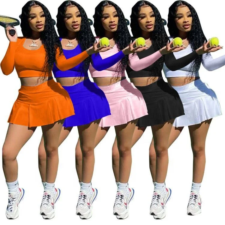 

Wholesale Solid Color Long Sleeve Short Pant Skirt Two Piece Set Crop Tops Slim Sport Sexy Suit For Club Women Tennis Skirt Sets, Picture shows
