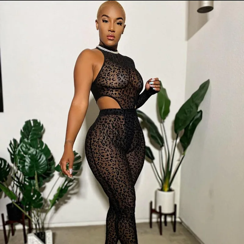 

Free Shipping R02067 - Sexy Leopard One Shoulder Mesh Women Two Piece Outfits