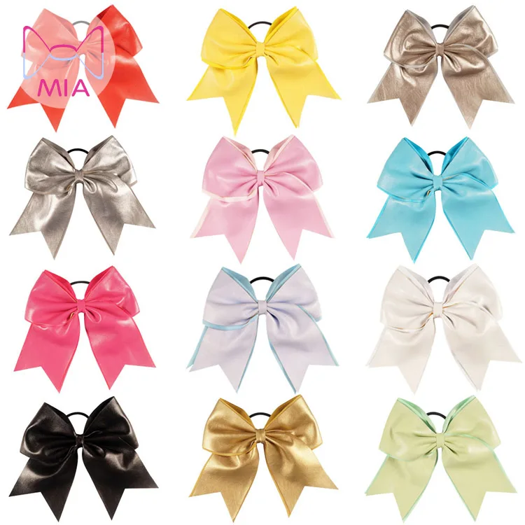 

Free Shipping 7" Handmade Large Solid Two Layers Ribbon Leather Cheer Bow With Ponytail Holder For Girls Kids Hair Accessories, Picture shows